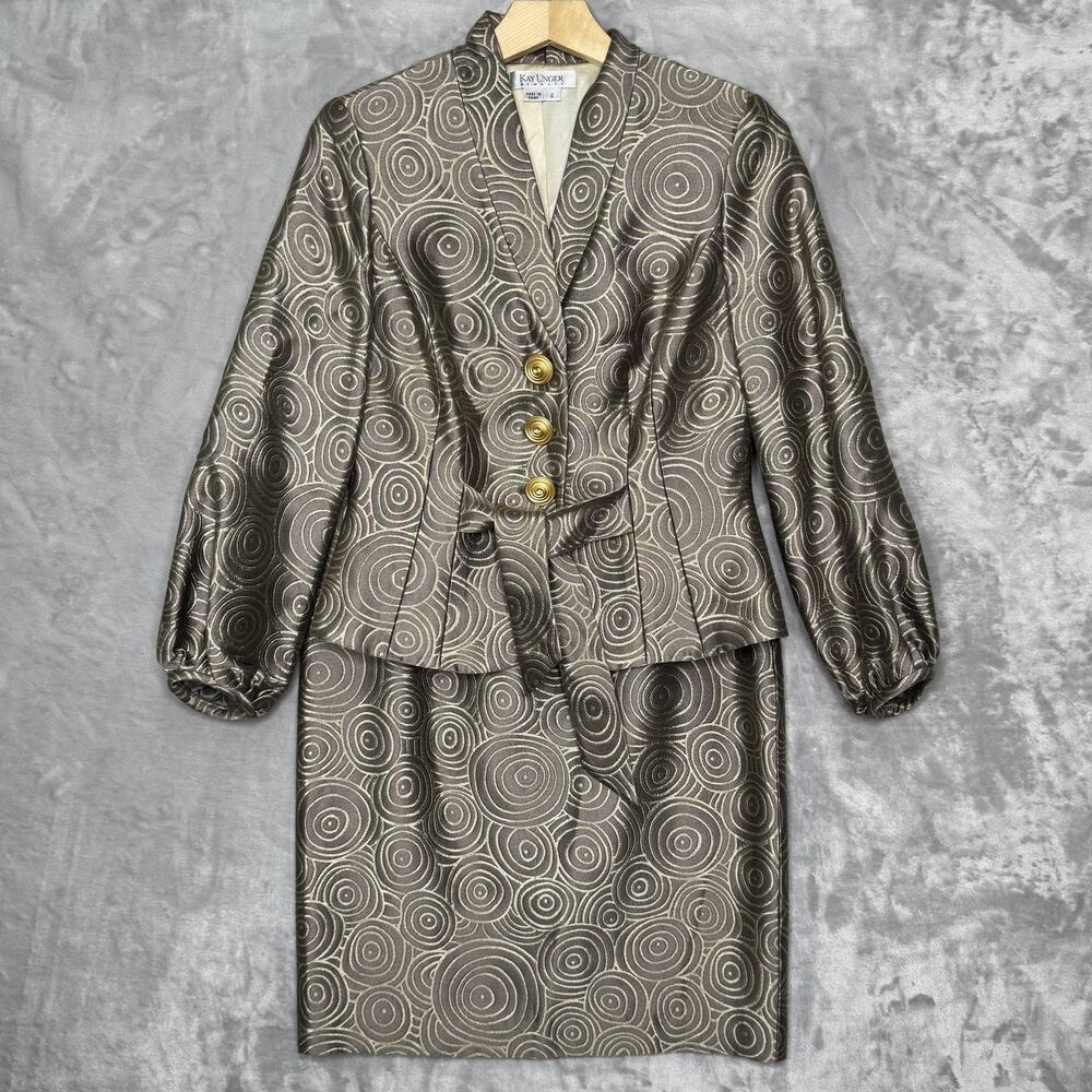 Kay Unger Skirt Suit Womens 6 Brown Gold Jacquard Silk Lined Peplum Belted Set